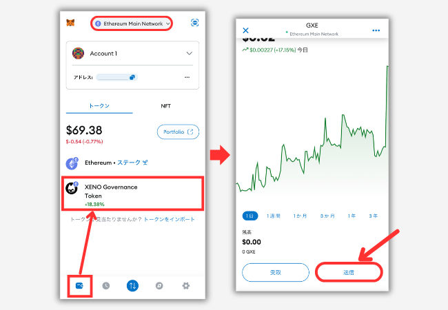 メタマスクからBITPOINTにGXEを送金する手順1