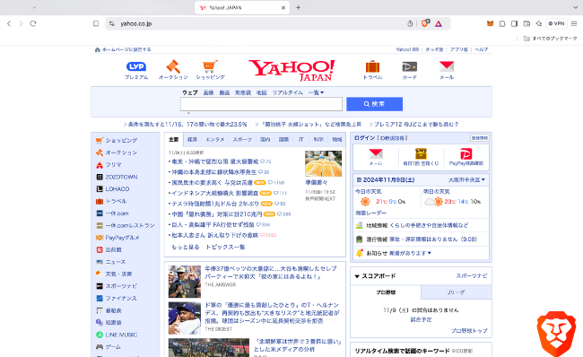 Braveブラウザで開いたYahoo!