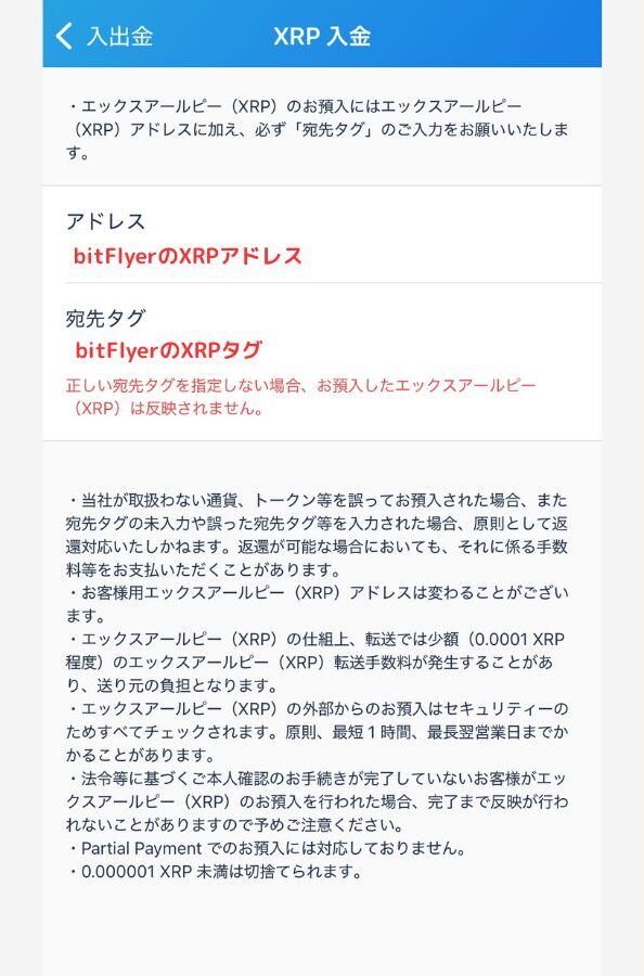 bitFlyerでXRP入金用アドレスを確認する手順2