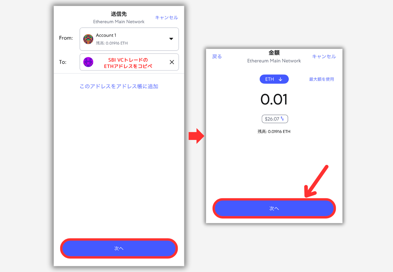 メタマスクからSBI VCトレードにETHを送金する手順2