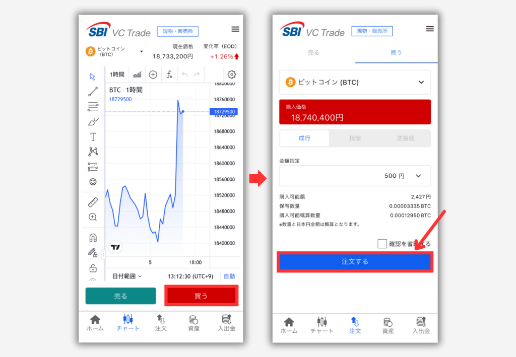 SBI VCトレード「販売所」でBTCを買う手順2