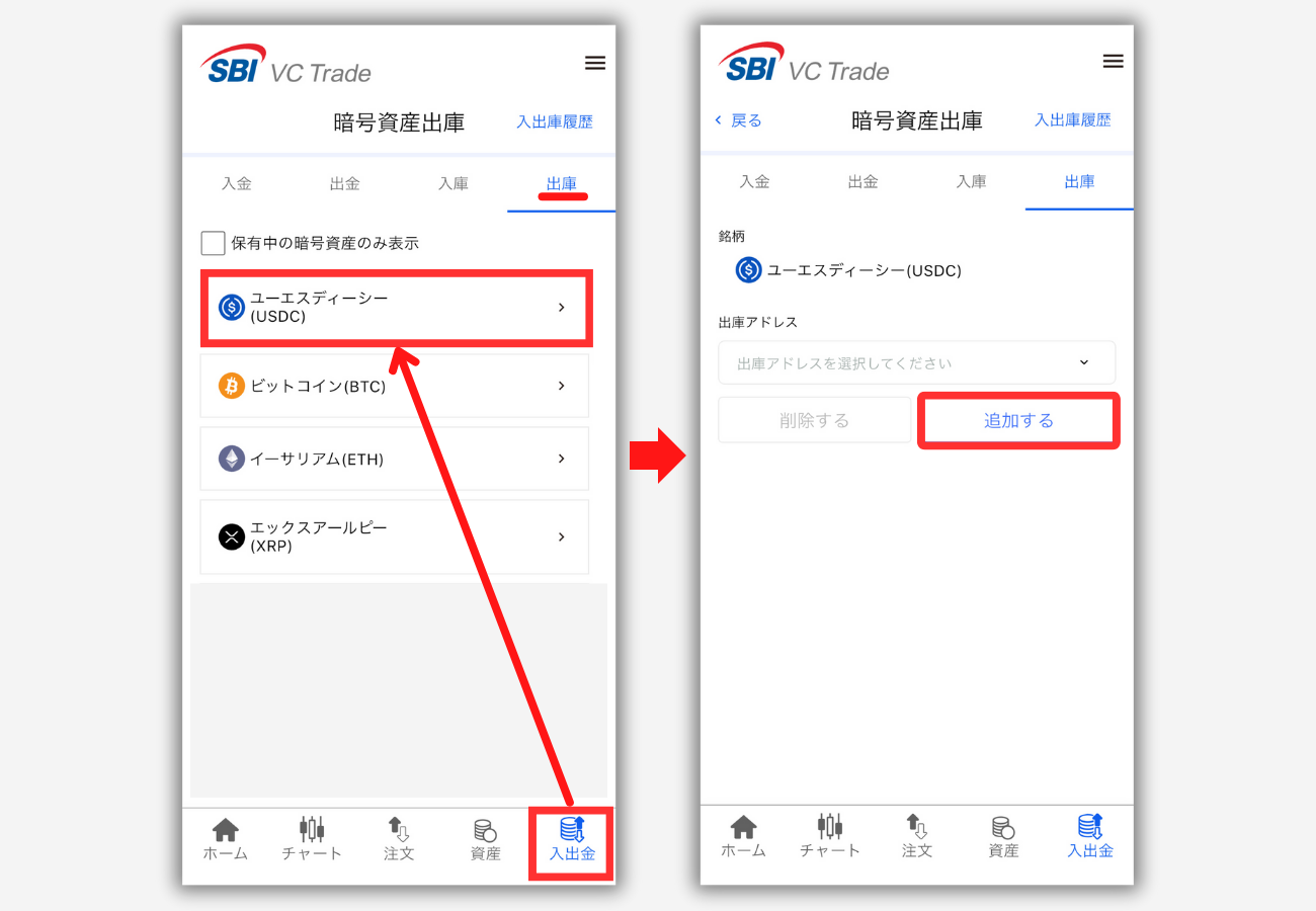 SBI VCトレードでメタマスクの宛先（USDC）を登録する手順1
