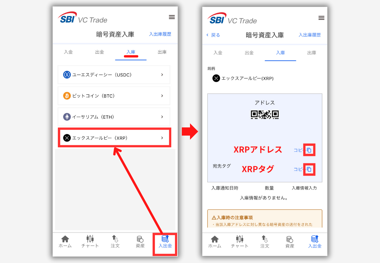 SBI VCトレードのXRP入金用アドレスを確認する手順