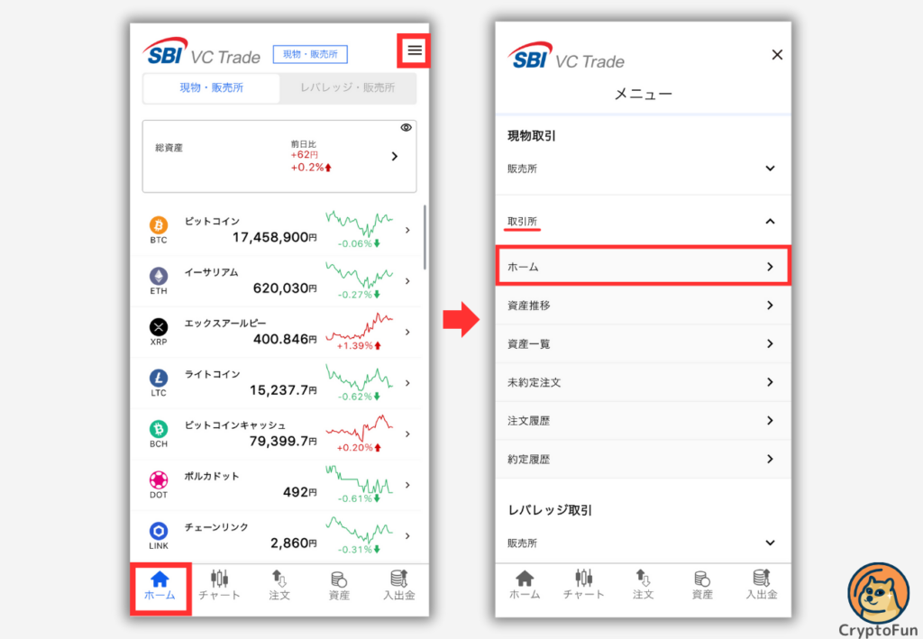 SBI VCトレード（新アプリ）「取引所」の開き方