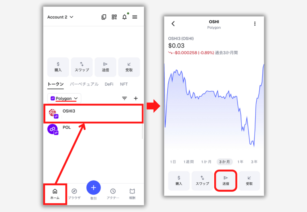 メタマスクからBITPOINTにOSHIを送金する手順1